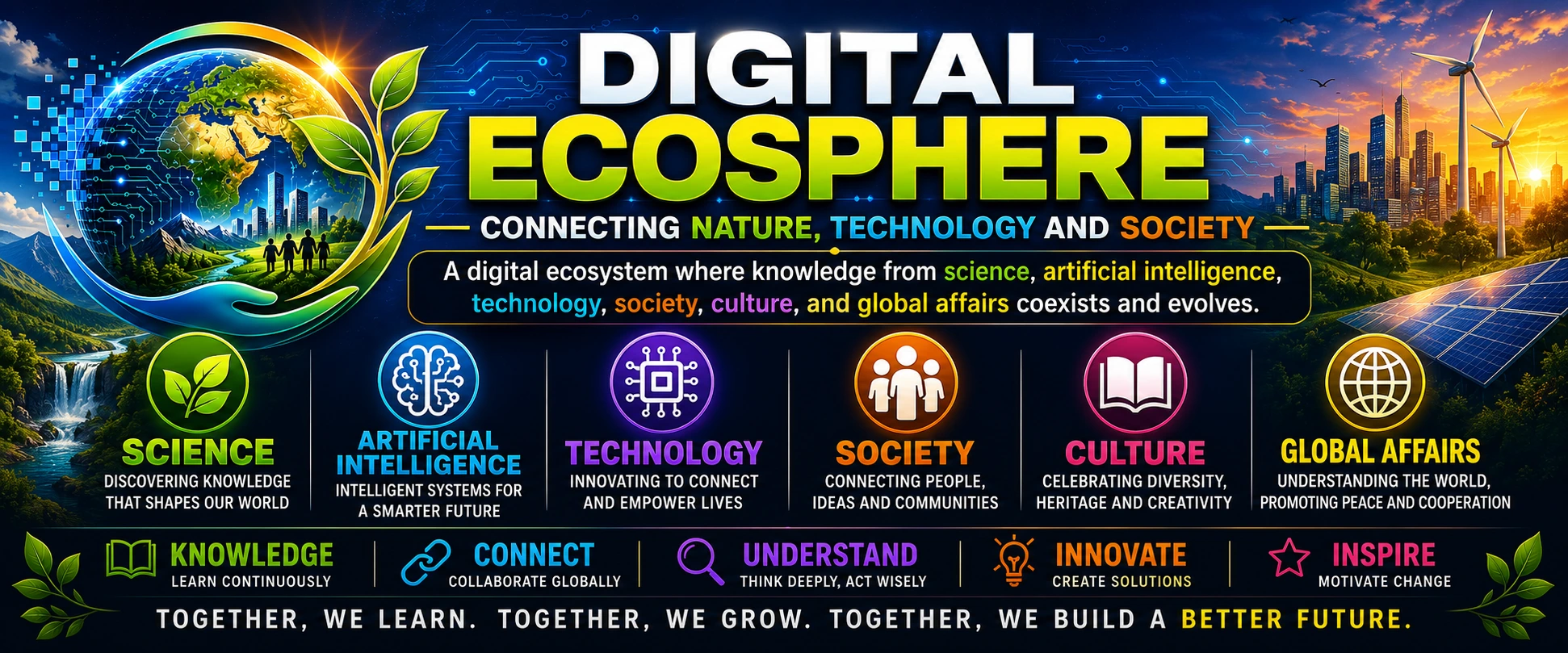 Digital Ecosphere cover artwork connecting nature, science, artificial intelligence, technology, society, culture, and global affairs.